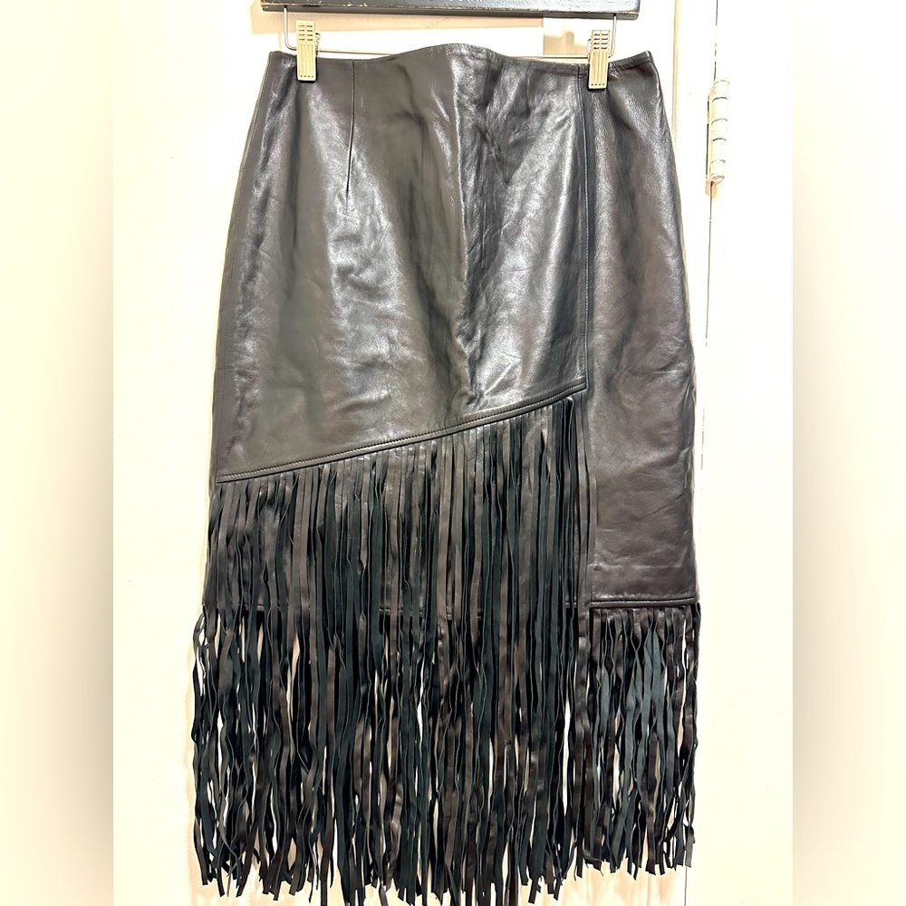 Hugo Boss Leather Tassel Zip Up Midi Skirt biker grunge fringe whimsigoth size 8